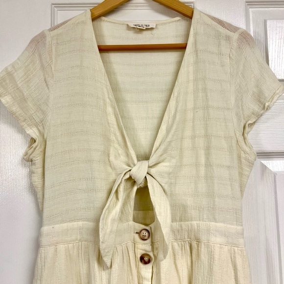 FASHION ON EARTH Ivory Boho gauze Tie front Swing Lagenlook midi pocket dress L - Picture 2 of 9